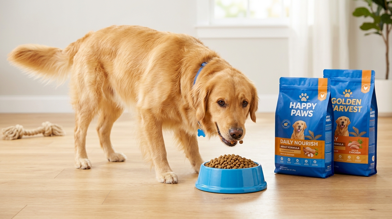 Golden retriever eating pet food beside blue OEM packaging